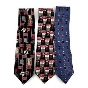 Lot of 3 Coca-Cola Mens Silk Ties Vintage Soda Advertising Prints Red Blue Black
